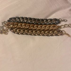 Three leather and metal 8 inch bracelets navy/ silver. Tan/gold and brown/gold